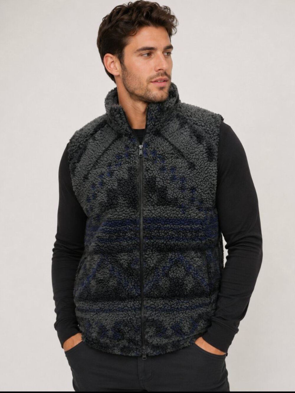 Greyson Vest Jacket Fleece Fair Isle Geometric Full Zip Sleeveless Gray Small